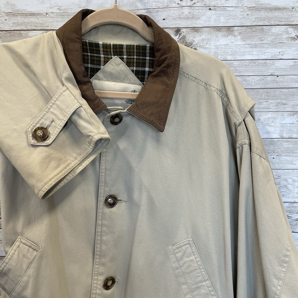 Vtg Fieldmaster Mens L Jacket Beige Barn Chore Coat‎ Plaid Lined Leather Collar